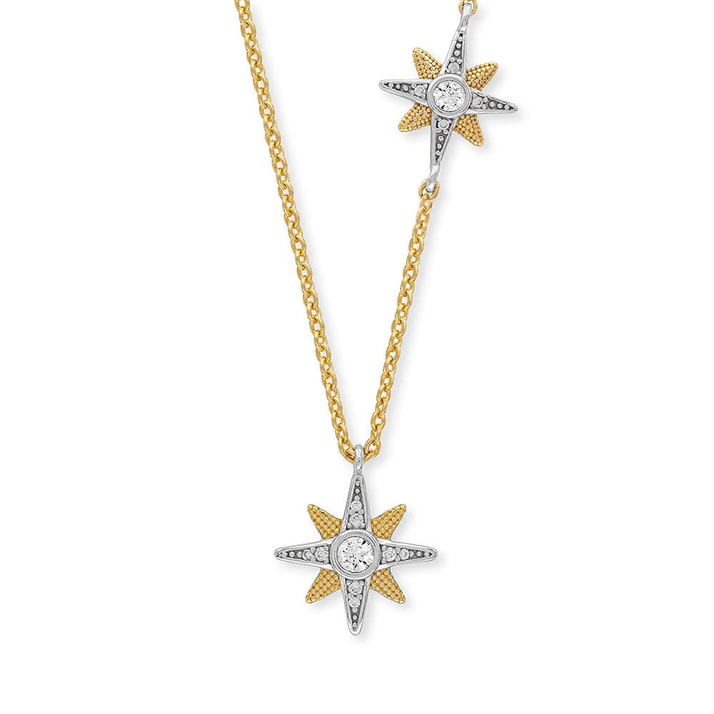 Engelsrufer Damen Halskette aus vergoldetem Sterling Silber mit zwei Stern Motiv Anhängern Bicolor - besetzt mit 14 Zirkonia Steinen - Karabinerverschluss - nickelfrei