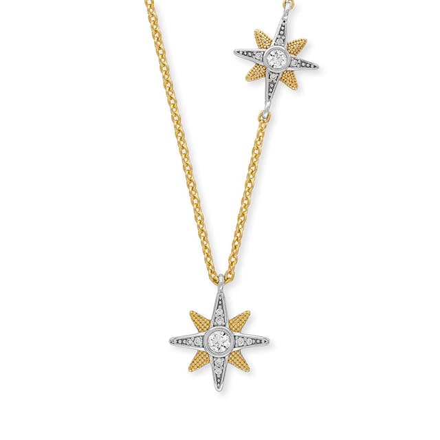Engelsrufer Damen Halskette aus vergoldetem Sterling Silber mit zwei Stern Motiv Anhängern Bicolor - besetzt mit 14 Zirkonia Steinen - Karabinerverschluss - nickelfrei