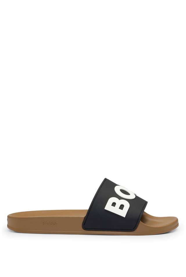 BOSS Herren Kirk Slid In Italien gefertigte Slides mit erhabenem Kontrast-Logo Größe 35 EU Open Beige