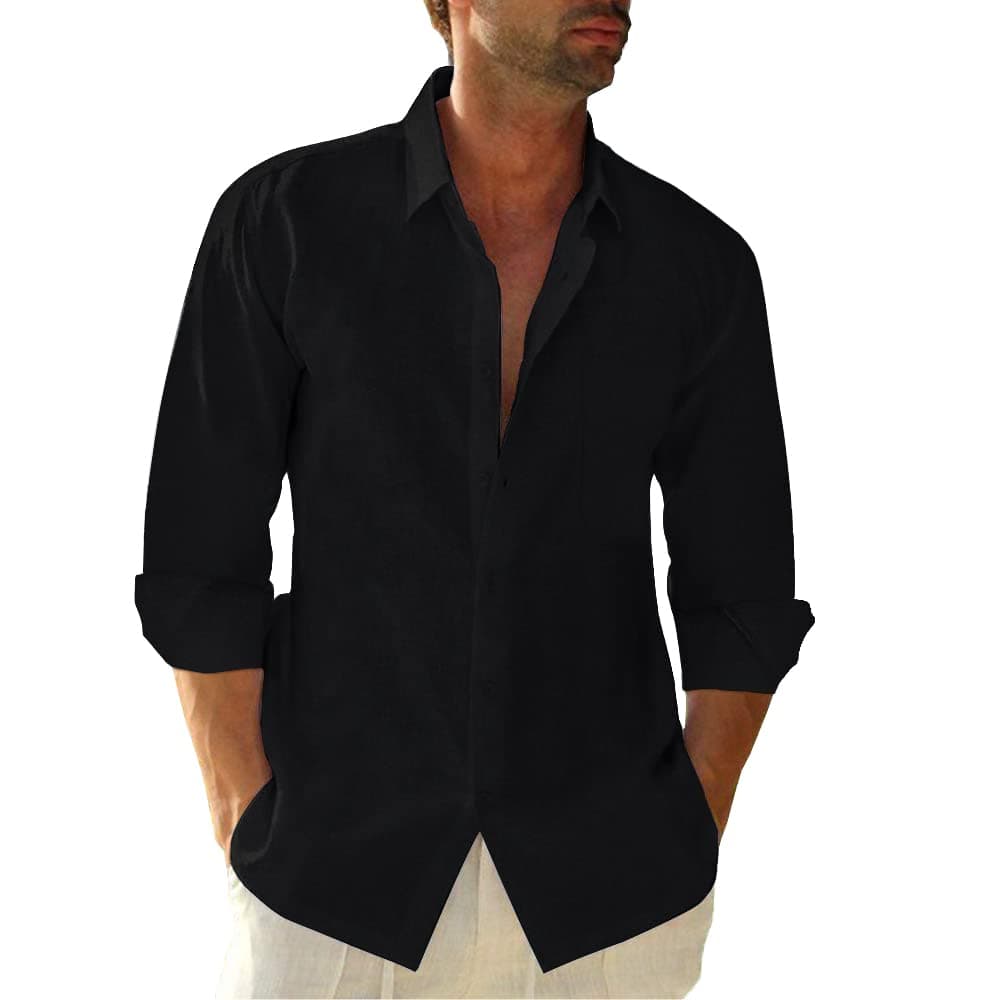 Friptspyg Leinenhemd Herren Langarm Baumwolle Leinen Hemd Herren Freizeithemden Casual Regular Fit Sommerhemd mit Tasche M Schwarz