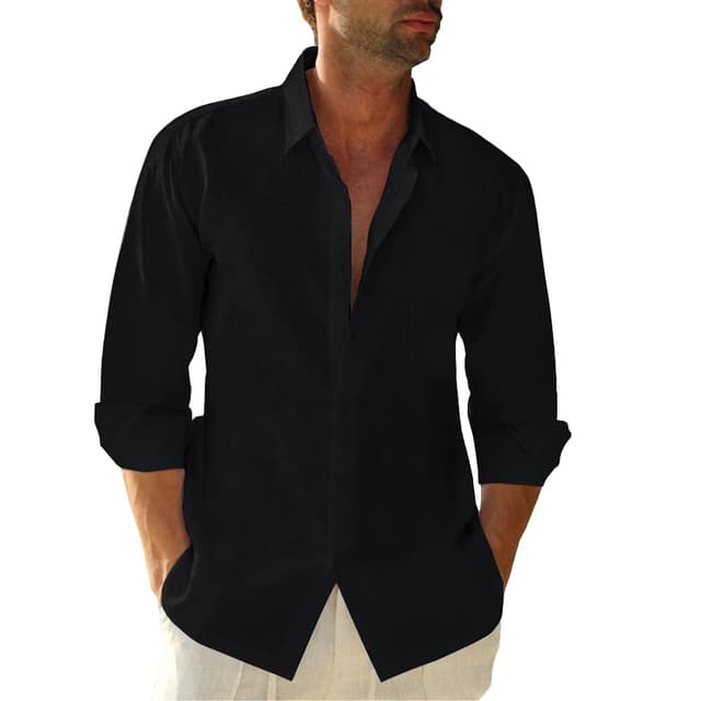 Friptspyg Leinenhemd Herren Langarm Baumwolle Leinen Hemd Herren Freizeithemden Casual Regular Fit Sommerhemd mit Tasche M Schwarz