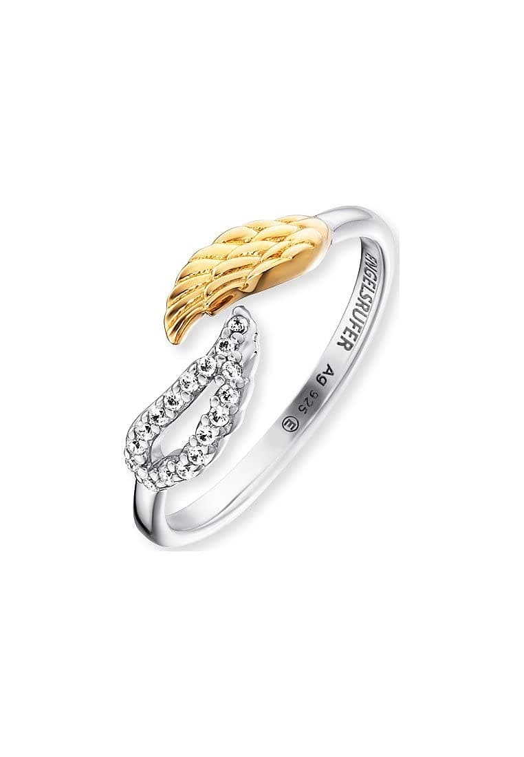 Engelsrufer Damen-Ring aus 925 Sterling Silber mit goldfarbenen Engelsflügeln und Zirkonia, Größenverstellbar, ERR-TWINWING-ZI-G