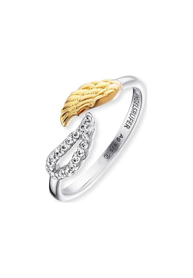 Engelsrufer Damen-Ring aus 925 Sterling Silber mit goldfarbenen Engelsflügeln und Zirkonia, Größenverstellbar, ERR-TWINWING-ZI-G