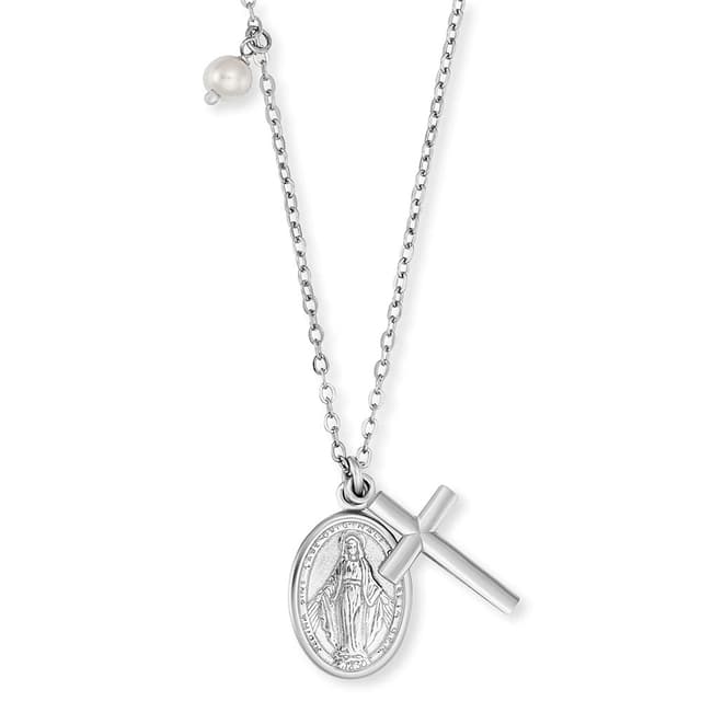 Engelsrufer Damen Halskette aus Sterling Silber mit Kreuz und Maria Symbol und Muschelperlen Anhänger - Karabinerverschluss - in zwei Längen verstellbar - nickelfrei