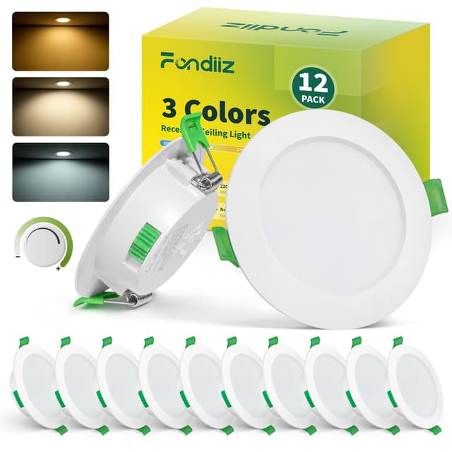 Fondiiz LED Einbaustrahler 230V Dimmbar, 12er Set LED Spots 68mm Lochmaß, 5W Deckenspots Flach Warmweiß 2700K Neutralweiß 4000K Kaltweiß 6000K, IP44 Spots Deckenleuchte für Badezimmer Küche, Weiß