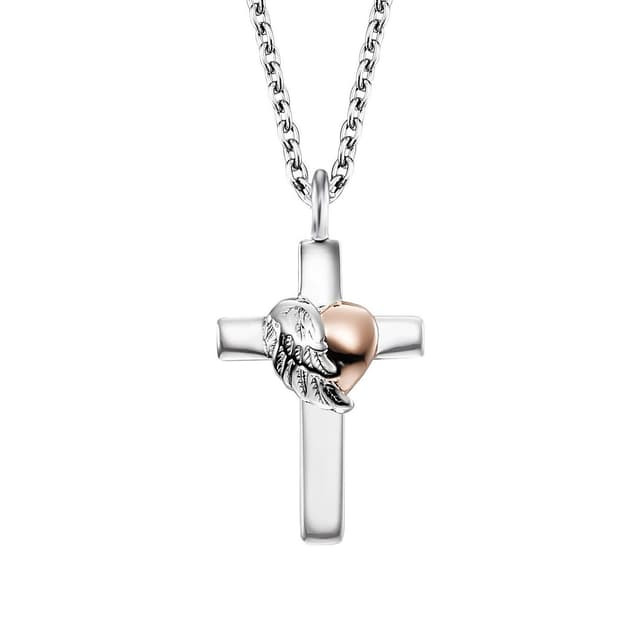 Engelsrufer Damen Halskette aus Sterling Silber mit Kreuz und Herzflügel Anhänger, Bicolor, verstellbar, Länge 44 cm