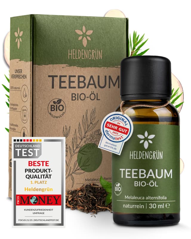Heldengrün® BIO Teebaumöl [100% NATURREIN] Natürliche Haut- und Gesichtspflege - Tee Tree Oil - Teebaumöl Pickel unterstützt bei Unreinheiten Teebaum 30 ml (1er Pack)