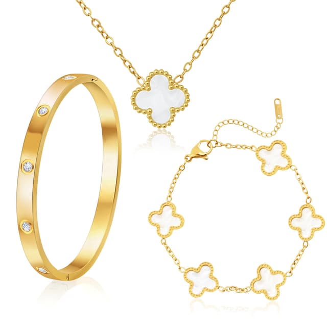 Ouxayapl 18K Vergoldet Vierblättriges Kleeblatt Armband, 18K Vergoldet Vierblättriges Kleeblatt Anhänger Halskette, Gold Armband Cubic Zirkonia Armreif, 3 PCS Schmuck Set für Geschenke Geburtstags
