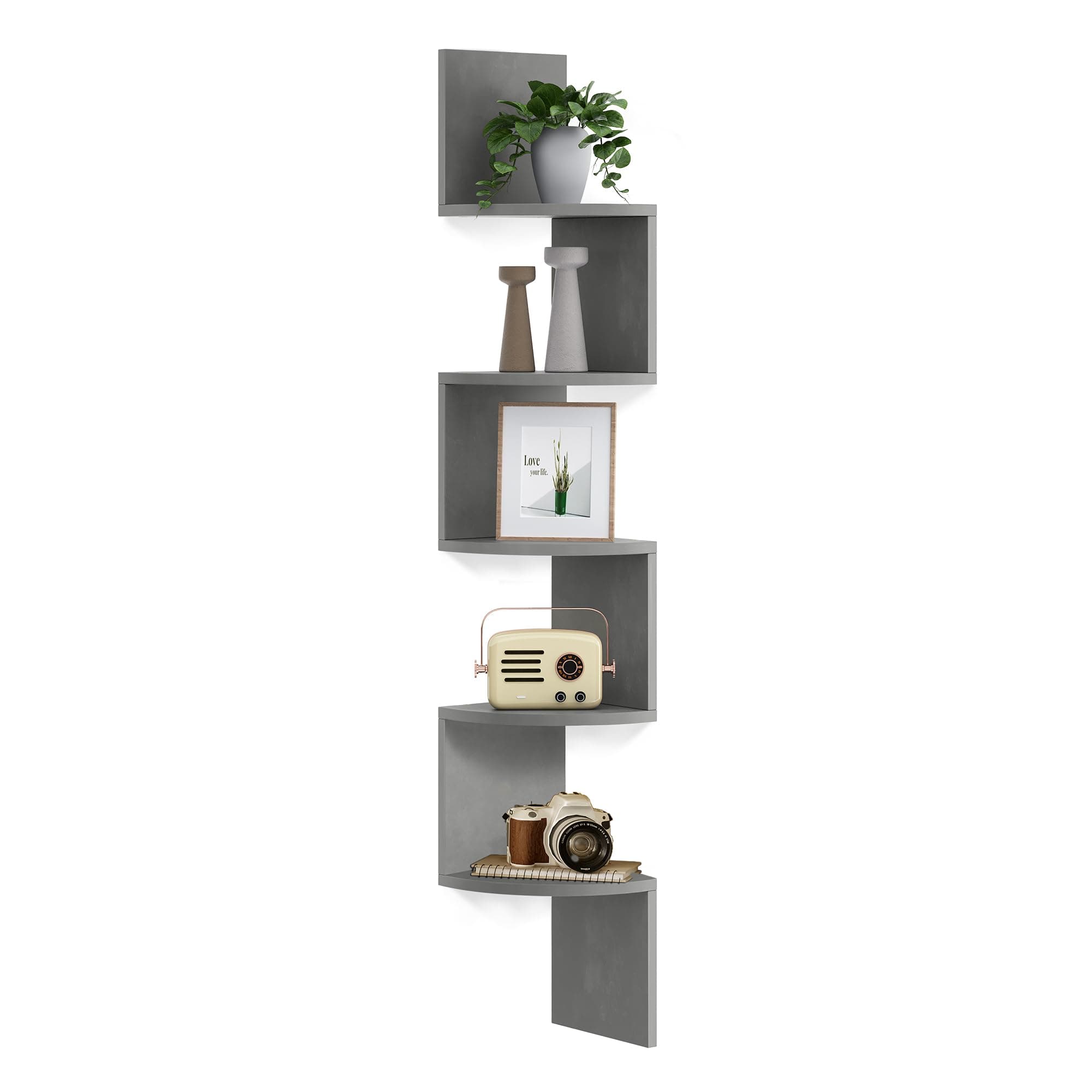 VASAGLE Eckregal, Wandregal 5 Ebenen, Schweberegal für Bücher, Bücherregal, Pflanzenregal für Schlafzimmer, Wohnzimmer, Badezimmer, Homeoffice, Taubengrau 1 Taubengrau