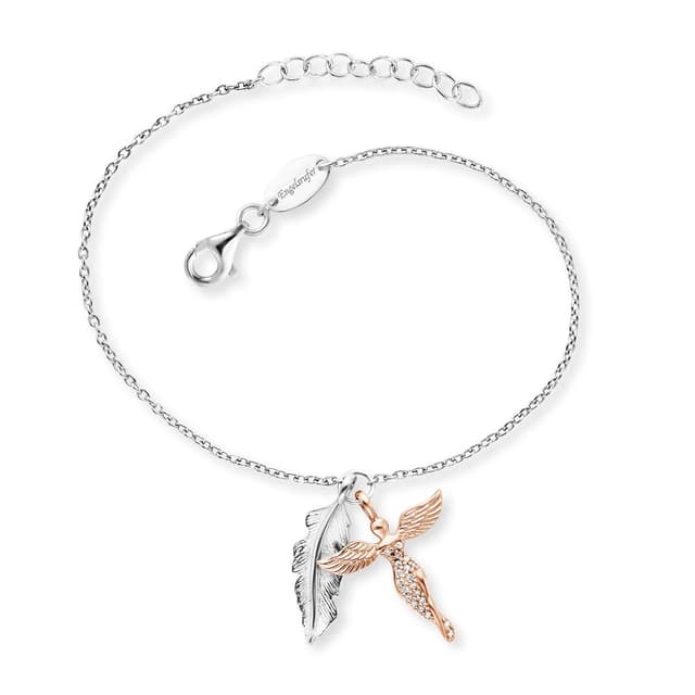 Engelsrufer Damen Armband aus Sterling Silber mit Feder Anhänger und Engel Anhänger - besetzt mit 20 Zirkonia Steinen - Karabinerverschluss - längenverstellbar Roségold