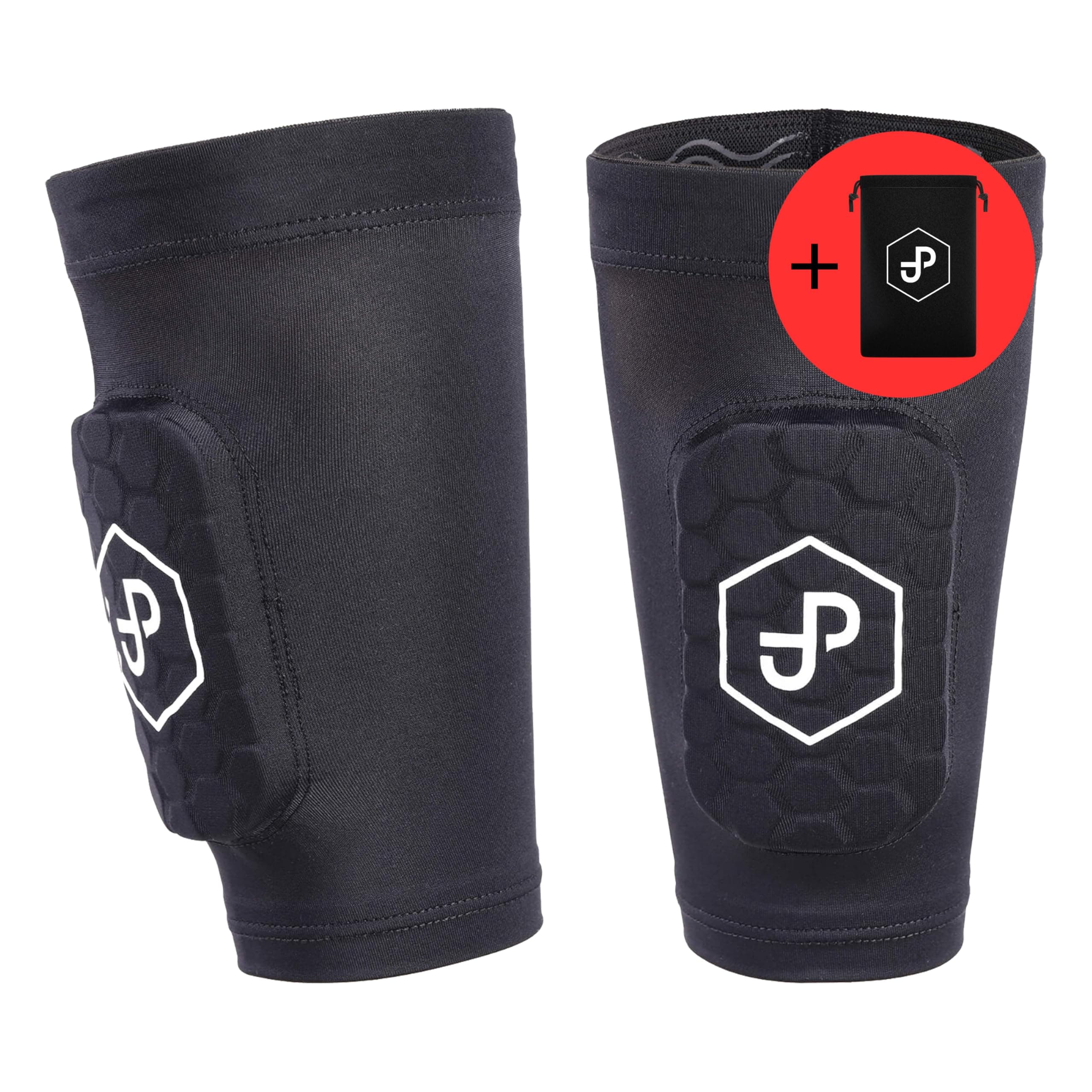 JDP Premium 3in1 Schienbeinschoner, Strumpf mit integriertem Schienbeinschoner (Padgröße 10x6cm), hochwertiger Schienbeinschoner inkl. Fußballstutzen, Schienbeinschoner Fussball Herren Frauen Kinder Schwarz Erwachsene