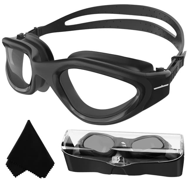 Winline Polarisiert/Nicht Polarisiert Schwimmbrille Erwachsene Jugendliche,Anti-Beschlag-UV-Schutz Wasserdicht klare Sicht einfach einzustellen mit weichen Nasenstegen für Herren Damen All Black/Non-polarized Clear Lens