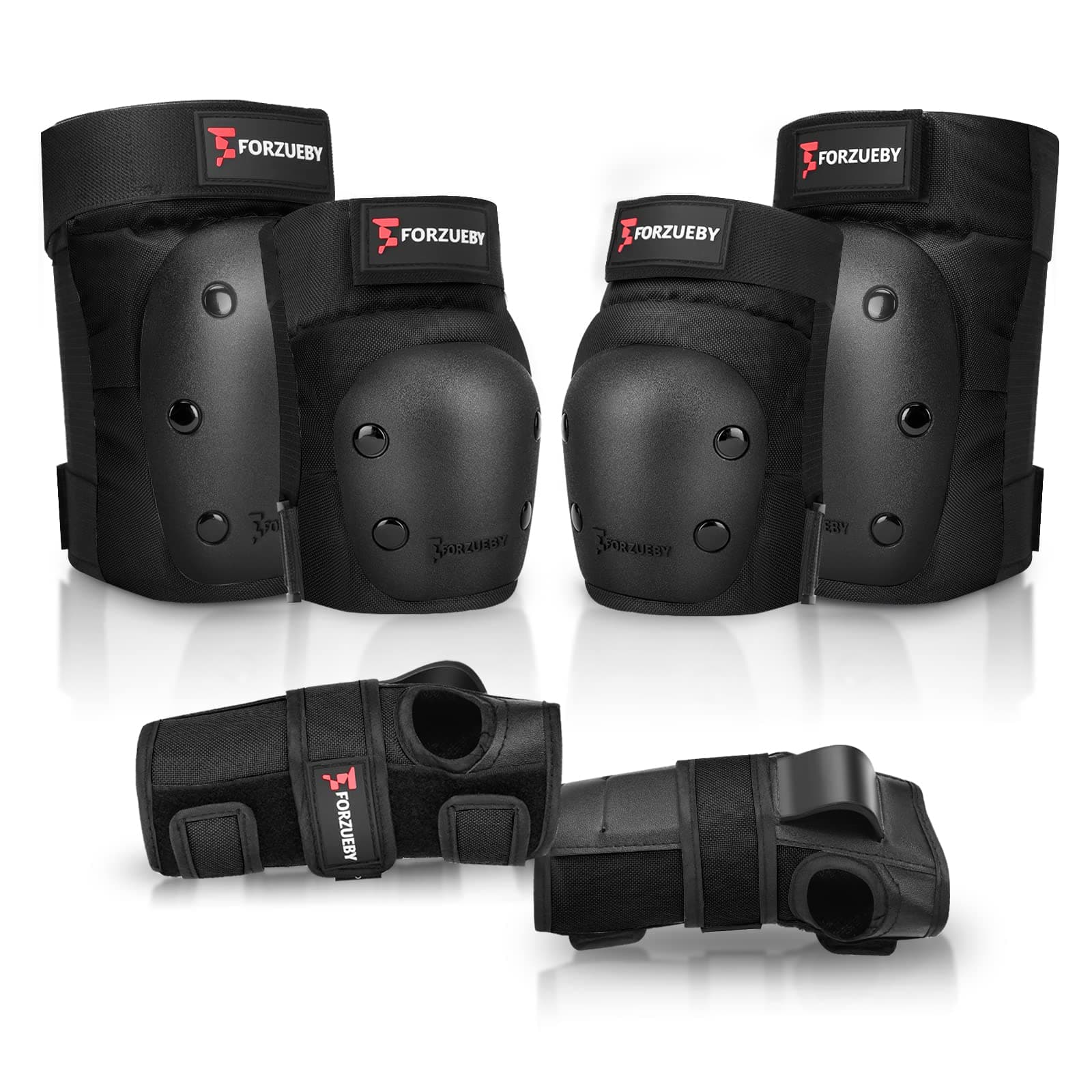 Forzueby Knieschoner, Ellbogenschützer und Handgelenkschützer für Erwachsene&Kinder Protektoren Set, 6 in 1 Schutzausrüstung zum Inliner Skaten, Skateboarden, Scooter Fahren, BMX usw. L (71-110 Kg) Schwarz