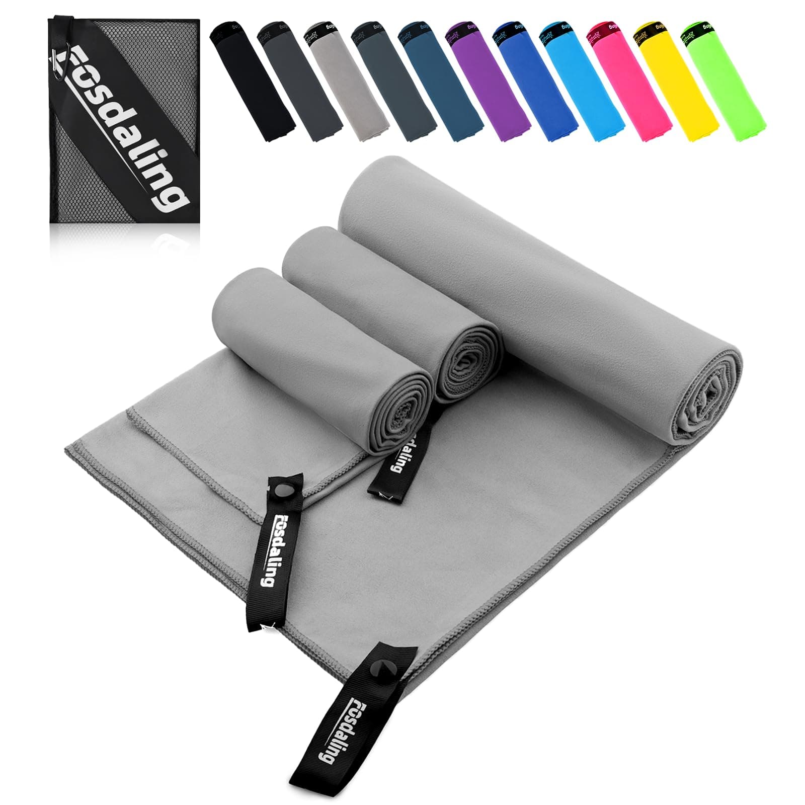 Fosdaling Mikrofaser Handtuch 3er Set - Groß 200×100cm & 2 Klein 80×40cm, Schnelltrocknend Microfaser Sporthandtuch, für Reisehandtuch, Badetuch, Fitness & Sport Handtücher und Strandtuch (Hellgrau)