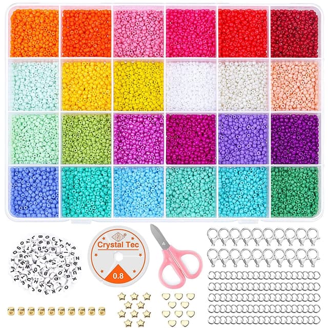 Noa Home Deco 24000pcs Glasperlen und 100pcs Alphabet Buchstabe Perlen, 2mm Mini Perlen Rocailles mit Elastischen Schnüre und Schere, für Armbänder Schmuck machen und Handwerk, Bunt