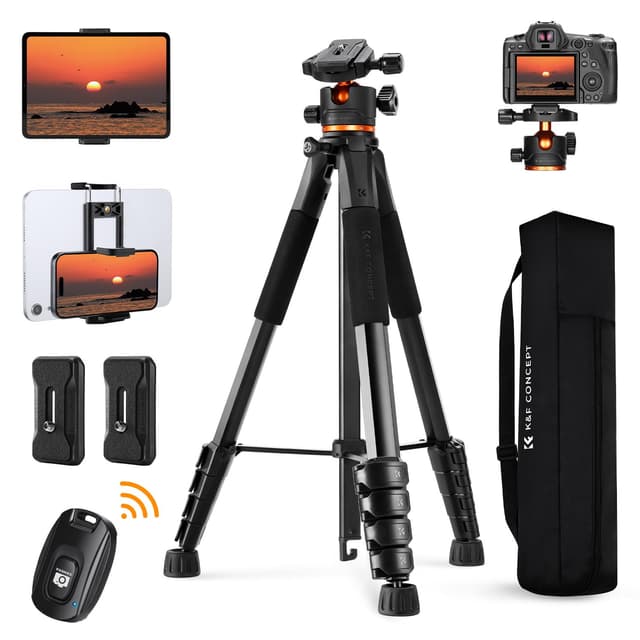 K&F Concept Kamerastativ S255A3+BH-36,190cm Handy-Stativ,Tripod für Canon Nikon Sony Kamera/DSLR/Camcorder,Stativ für Smartphone,Reisestativ mit Handy-Tablet-Halterung Aluminium+190cm+1300g Schwarz