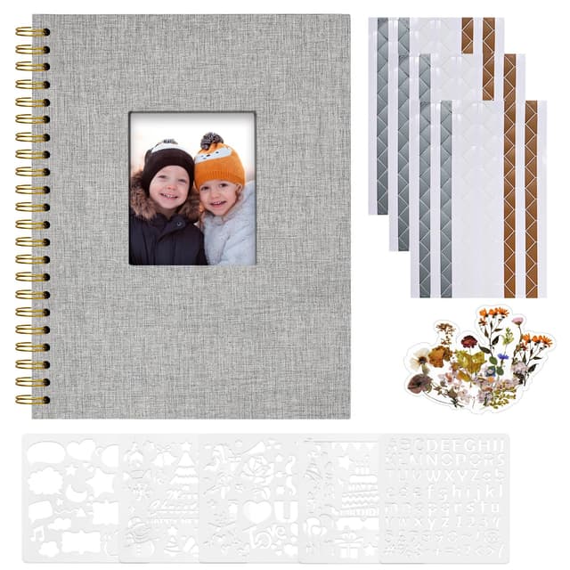 Vienrose Fotoalbum zum Selbstgestalten 28,5 x 20,5 cm, Leinen Fotoalbum mit 40 Weißen Seiten, Leeres Kraftpapier, DIY Scrapbook Spiralalbum Set für Babys, Familien, Hochzeiten, Jahrestag, Grau 28 x 20,5 cm 40 Seiten Grau