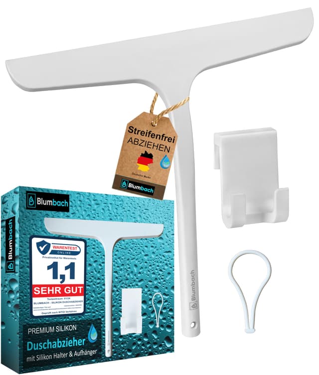 BLUMBACH® Abzieher Dusche mit Halterung, Duschabzieher weiß 28 cm breit Dusch Abzieher Wischer Silikon mit Edelstahl Kern, Duschkabinenabzieher, Wasserabzieher, Shower Squeegee, Scheibenabzieher 28 cm Duschabzieher Weiß