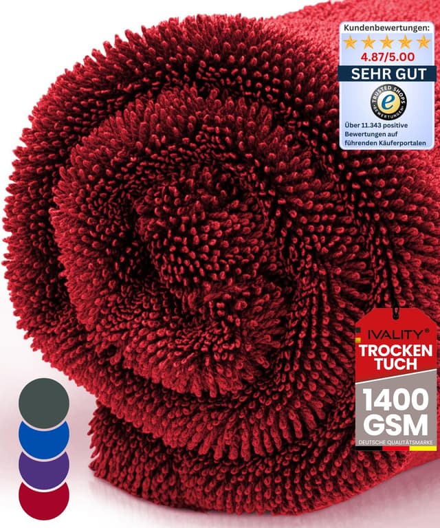 Ivality® Auto Trockentuch Mittel 40x60 cm – 1400 GSM Ultra Saugstarke Mikrofasertücher für Autopflege und Motorrad, Fusselfreies, Lack-schonendes Twisted Towel Microfasertuch Rot M - 40 x 60 cm