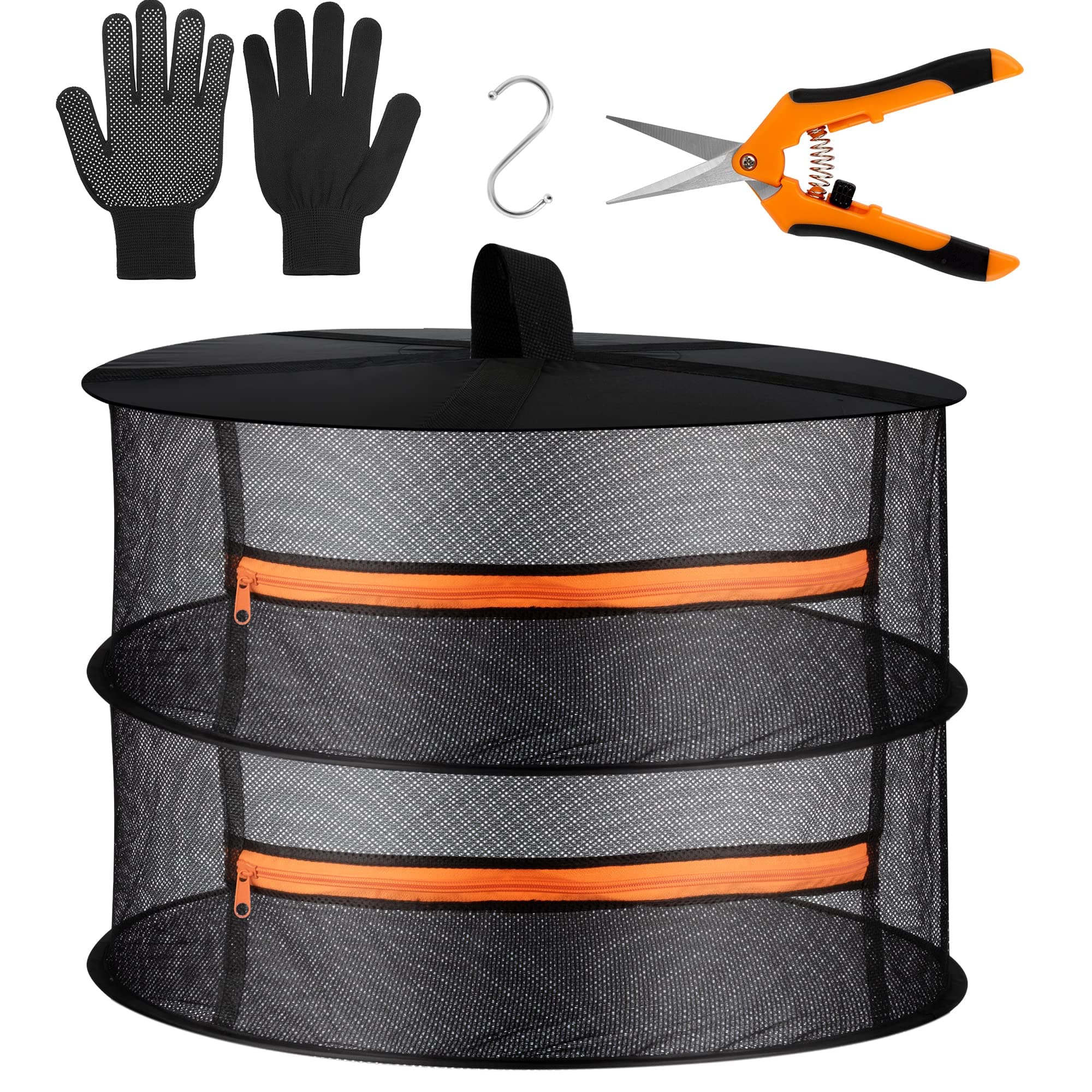 Desy & Feeci 2-lagiges Netz-Abtropfgestell zum Aufhängen von Kräutern, Trockennetz mit orangefarbenen Reißverschlüssen 2 lagiges-60cm Durchmesser Orange
