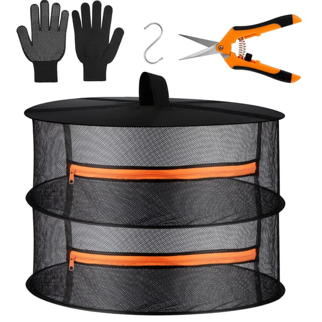 Desy & Feeci 2-lagiges Netz-Abtropfgestell zum Aufhängen von Kräutern, Trockennetz mit orangefarbenen Reißverschlüssen 2 lagiges-60cm Durchmesser Orange