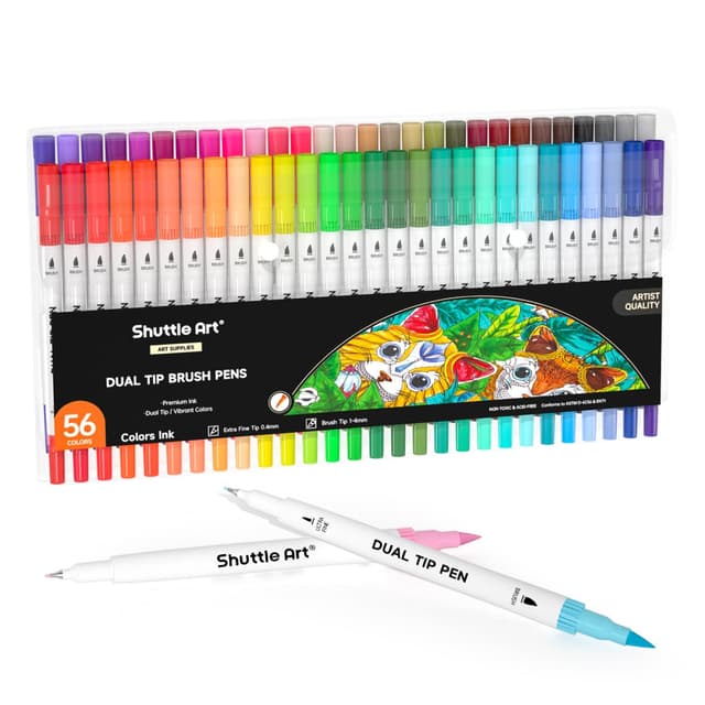 Shuttle Art Dual Brush Pen Set, doppelköpfige Pinselstifte mit weicher Spitze, 56 bunte Aquarellstifte mit zwei Arten von Schreibfedern: Fasermaler (1-2mm) und Fineliner(0,4mm) Mehrfarbig