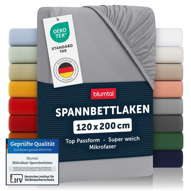 Blumtal® Spannbettlaken - Bettlaken 120x200 aus Microfaser - Öko-Tex zertifiziertes Spannbetttuch - Grau 120 x 200 x 30cm Grau 1