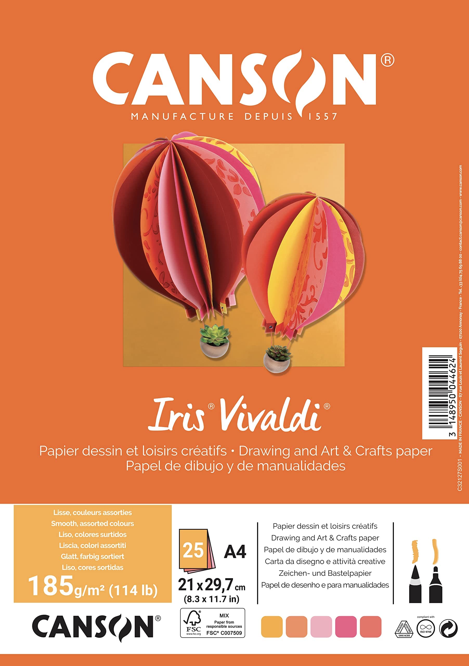 Canson Iris Vivaldi Farbpapier DIN A4, 185 g/m², 25 Blatt, sortiert in 5 Farben - gelb, pink. rot