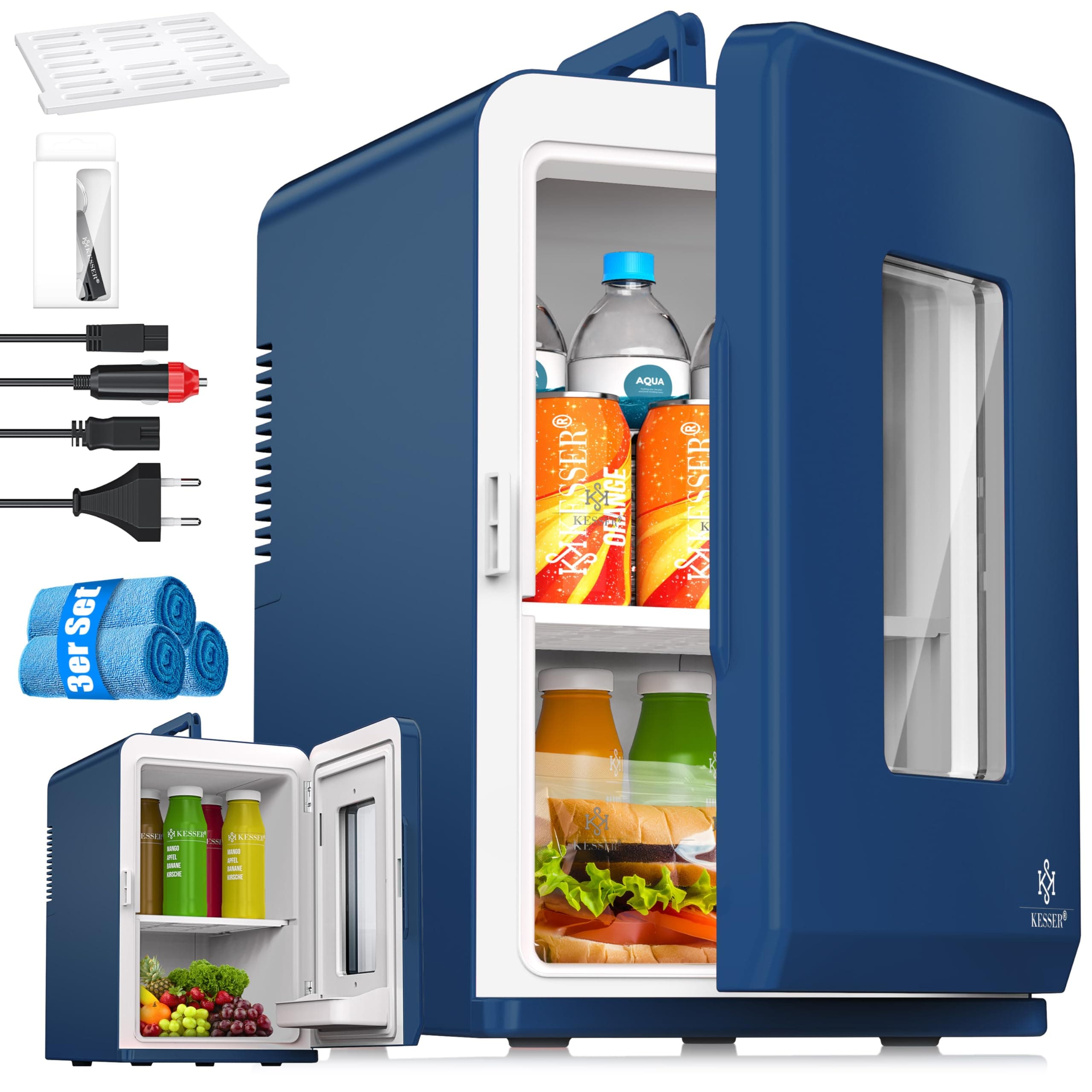 KESSER 2in1 Mini Kühlschrank Kühlbox 15 Liter Kühl und Heizfunktion Tragbarer AC DC 220-240V/12V Steckdose Zigarettenanzünder Warmhaltebox Mini-Thermobox Auto Büros Zimmer Camping Garten, Navyblau 15L Navyblau