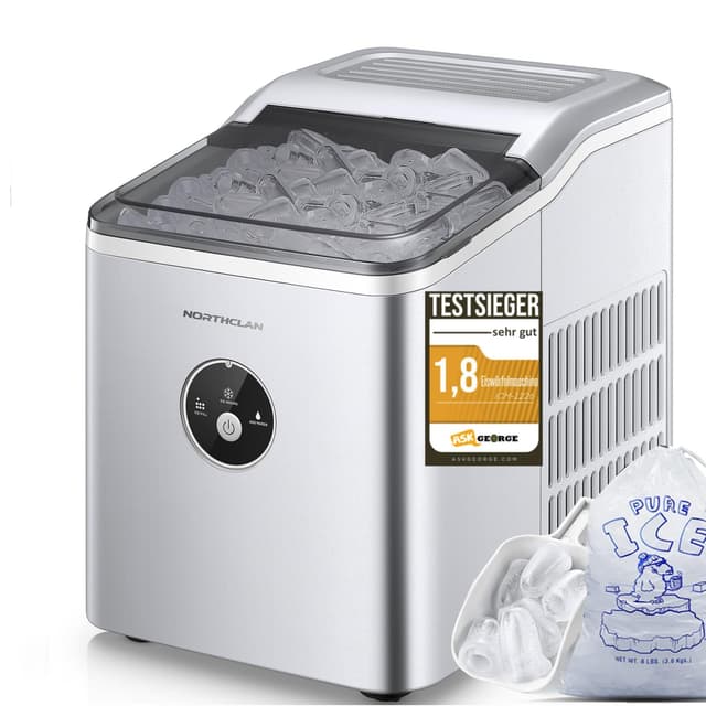 Eiswürfelmaschine Testsieger 2024, 14 kg 24 Stunden, 9 Eiswürfel in 6-8 Minuten, Gerauscharmer Betrieb, 120W Ice Maker mit Schaufel u. Korb, Eiswürfelbereiter Klein für Zuhause, Büro Silber