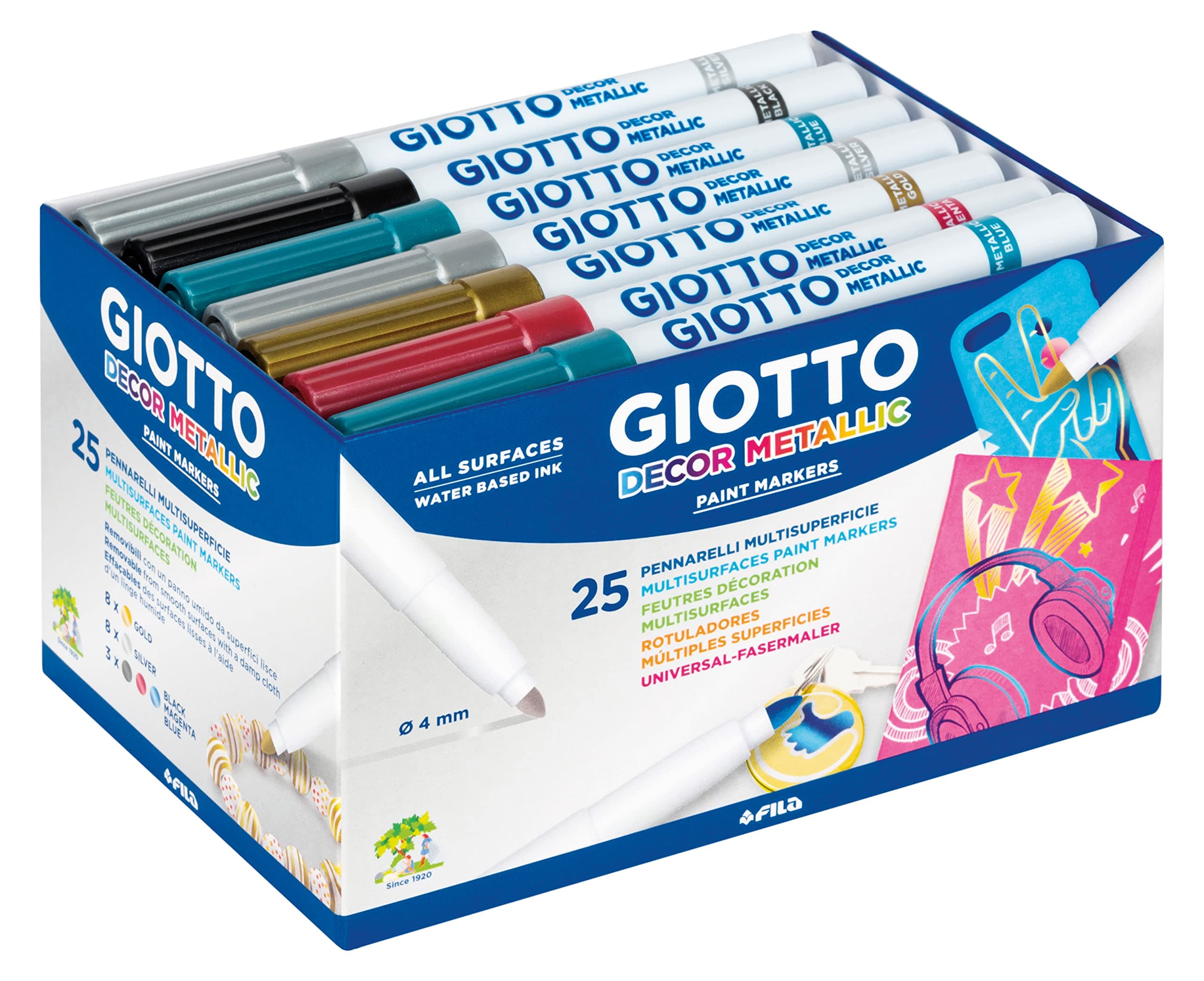 GIOTTO Decor Metallic, Dekormarker Metallic, Schulbox aus Bio-Kunststoff, 5 unterschiedliche Farben, 25 Stück Schulpack 25 Stück
