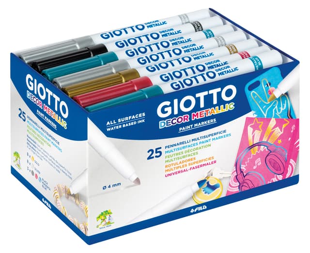 GIOTTO Decor Metallic, Dekormarker Metallic, Schulbox aus Bio-Kunststoff, 5 unterschiedliche Farben, 25 Stück Schulpack 25 Stück