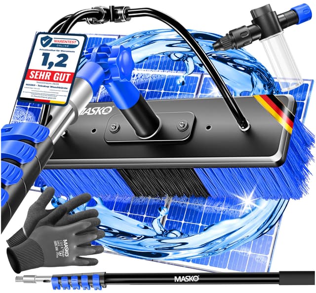 MASKO® Teleskop Waschbürste mit Wasseranschluss 10,8m Reinigungsbürste mit Teleskopstiel Ausziehbar | Teleskopbesen | Fenster & PV-Anlagen-Reinigung | Weiche Borsten Inkl. Seifenspender & Handschuhe 10.8 Meter Blau