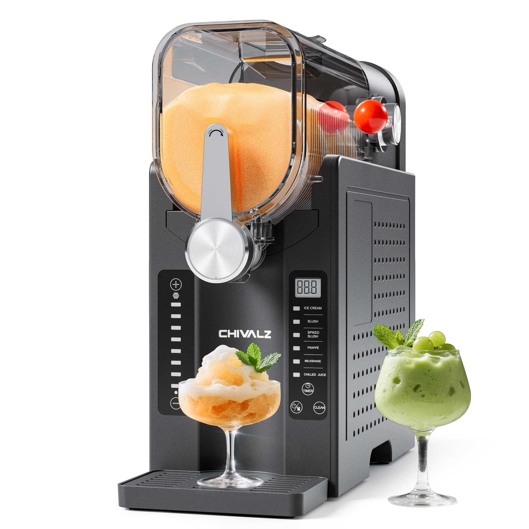 CHIVALZ Slush Maschine, 2L Slushie Machine für Zuhause für Slushi, Frappé, Milchshake & Margaritas, Ohne Eis Benötigt, LED Display, Selbstreinigend, Schwarz, AD03, 6 Programmen+1 Pack