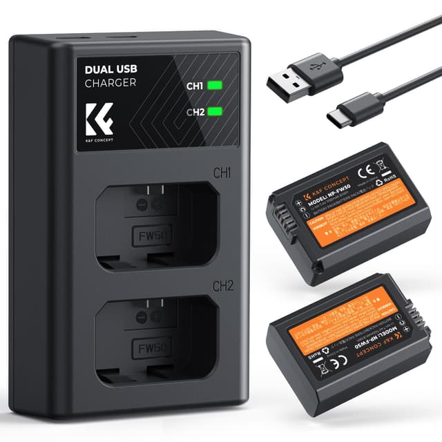 NP-FW50 K&F Concept Kameraakku Ladegerät, 1100mAh Batterie 2 Pack Ladeset für Sony ZV-E10 A6000, A6500, A6300, A6400, A7, A7II, A7RII, A7SII, A7S, A7S2, A7R, A7R2, A55, A5100, A5000,A3000, A55,RX10 NP-FW50 Akku-Pack