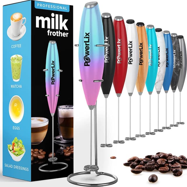 PowerLix Milchaufschäumer Stab, Milchschäumer Elektrisch - mit Edelstahlständer 15-20s, 19000 U/min, Batteriebetriebener Milk Frother für Kaffee, Latte, Cappuccino, Heiß & Kalte Schokolade Einhorn