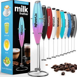 PowerLix Milchaufschäumer Stab, Milchschäumer Elektrisch - mit Edelstahlständer 15-20s, 19000 U/min, Batteriebetriebener Milk Frother für Kaffee, Latte, Cappuccino, Heiß & Kalte Schokolade Einhorn