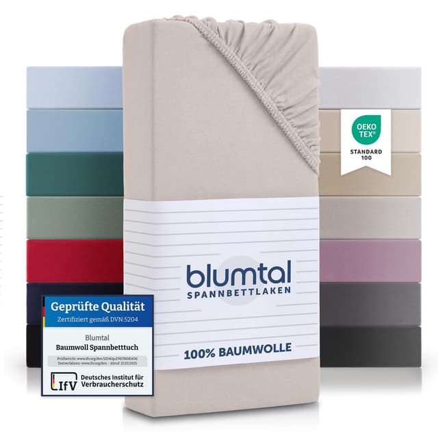 Blumtal® Basics Spannbettlaken - 90x200cm, Baumwolle Jersey - Oeko-TEX Zertifiziert - Elfenbein 90 x 200cm Matratze Elfenbein 1