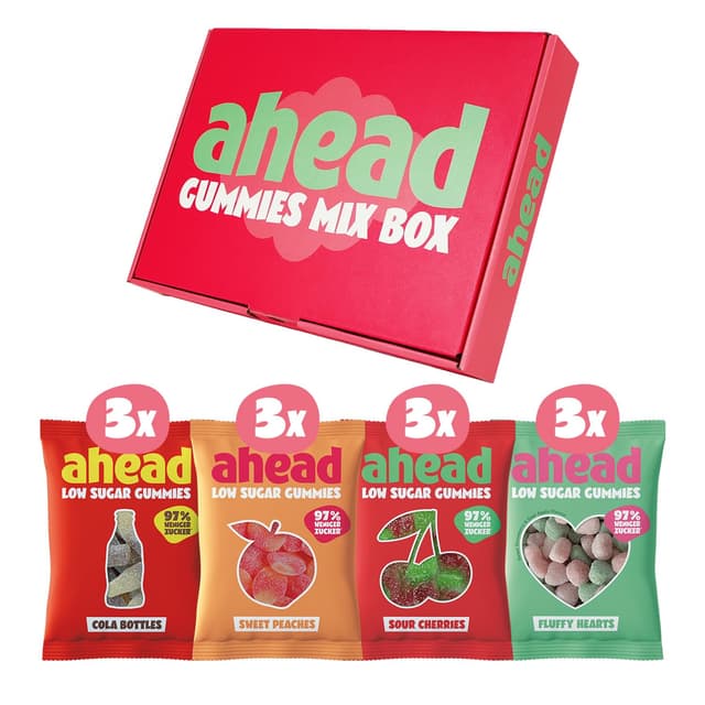 ahead Fruchtgummi Mixbox 12 x 50g | Süßigkeiten Ohne Zuckerzusatz | Nur 1g Zucker & 73 Kalorie mit 97% Weniger Zucker* | Low Carb Süßigkeiten | 4 Sorten: Sweet Peaches, Cola, Sour Cherries