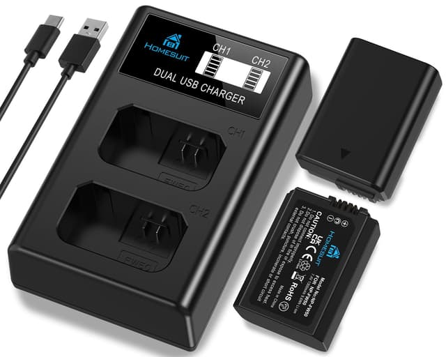 Homesuit NP-FW50 Akku 1300mAh und USB LCD Ladegerät Kit für Sony ZV-E10 A6000 A6300 A6400 A6500 A5100 A5000 A7 A72 A7R A7R2 A7S2 7RM2 7SM2 7M2 A55 RX10 II III IV NEX-3/5/6/7 NEX-F3 Kamera (2er-Pack) 2x NP-FW50 Akku & 1x LCD Ladegerät