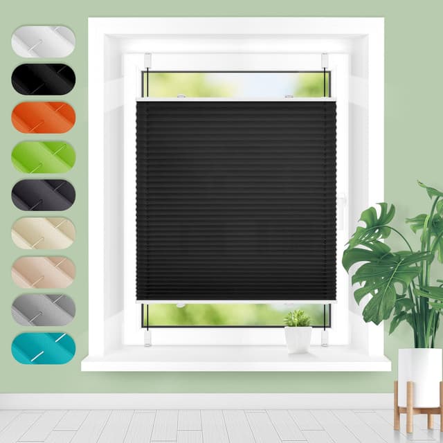 Homland Plissee ohne Bohren Klemmfix B35 x H90 cm Schwarz, Plissees für Fenster und Tür, Jalousie Easyfix Plisseerollo mit Klemmträger Sonnenschutz und Sichtschutz lichtdurchlässig Rollo Schwarz B35 x H90 cm