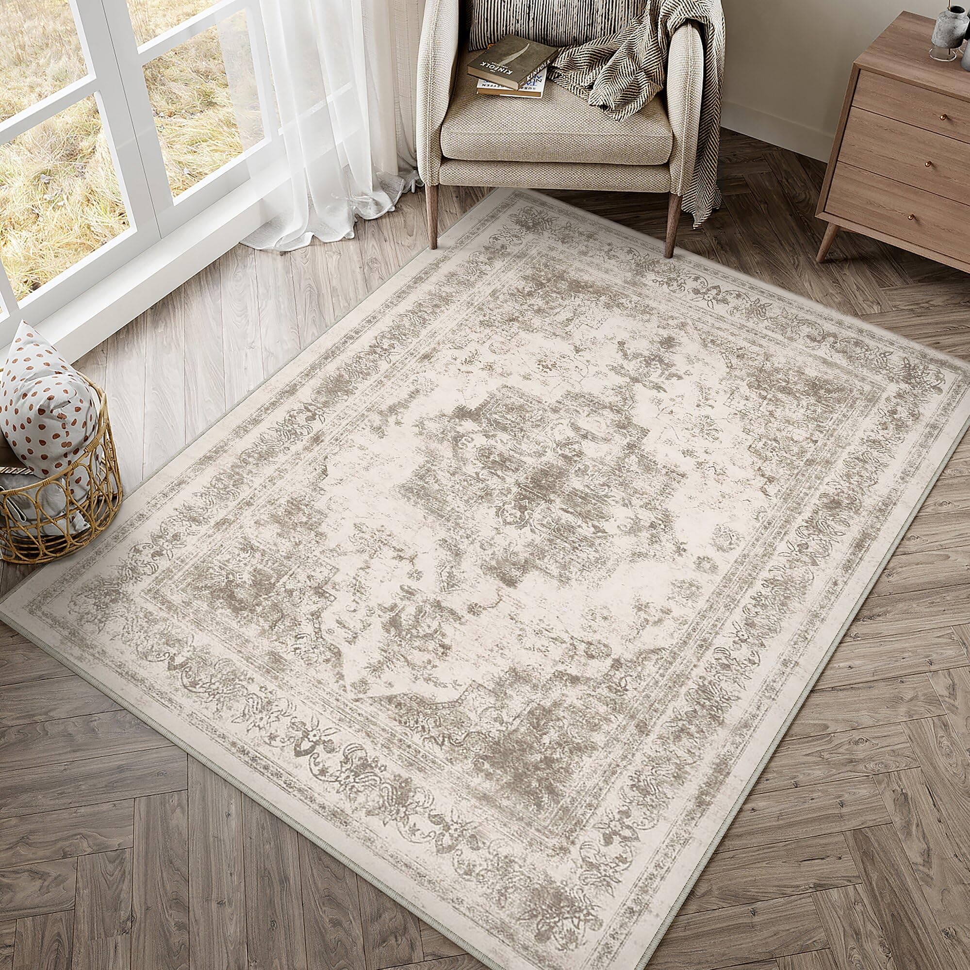 HUGEAR Vintage Beige Waschbarer Teppich Wohnzimmer 90x150cm Retro Rugs for Living Room Weich rutschfest Groß Tepich Kurzflor Schlafzimmer Carpet Living Room Bedroom Esszimmer Teppiche Büro Notleidende | Beige 90 x 150 cm (Rechteckig)
