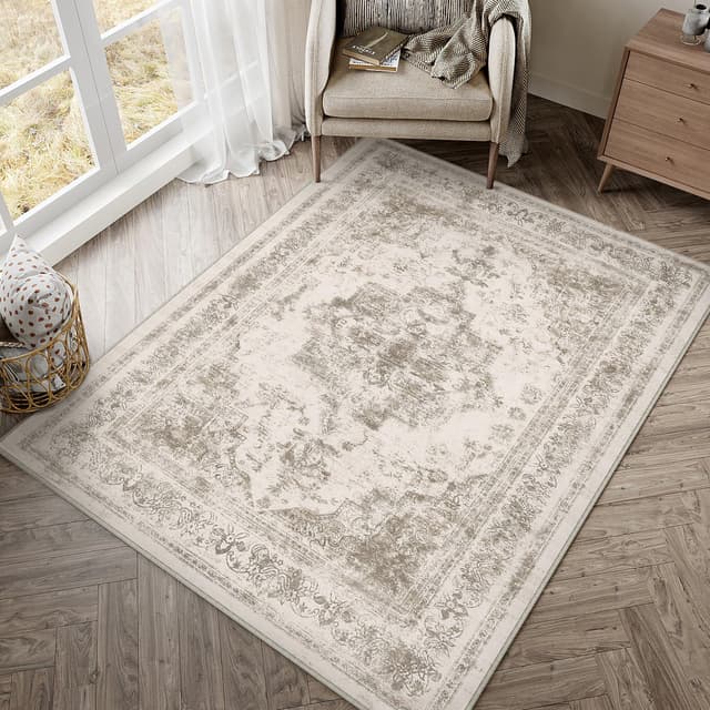 HUGEAR Vintage Beige Waschbarer Teppich Wohnzimmer 90x150cm Retro Rugs for Living Room Weich rutschfest Groß Tepich Kurzflor Schlafzimmer Carpet Living Room Bedroom Esszimmer Teppiche Büro Notleidende | Beige 90 x 150 cm (Rechteckig)
