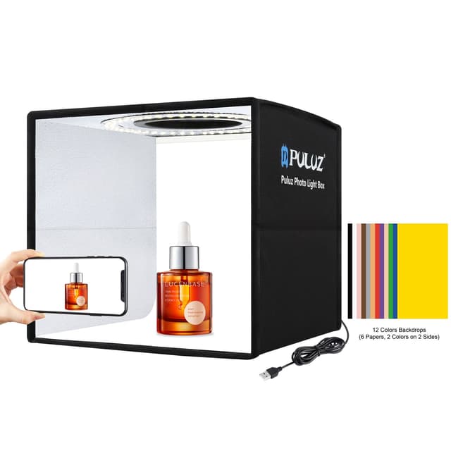 PULUZ Mini fotobox 25x25cm zum für produktfotografie Photo Box faltbar fotostudio lichtzelt, tragbar Foto Box klein CRI 97+ mit dimmbar 96 LED Beleuchtung & 12 Farbhintergründe