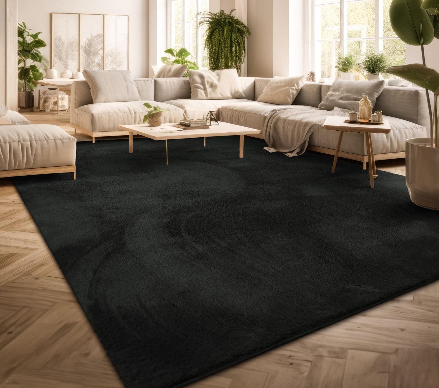 TT Home Wohnzimmer Teppich Kurzflor Anti-Rutsch Rückseite Unifarben Modern Waschbar, Farbe: Schwarz, Größe:160x220 cm 160x220 cm Schwarz