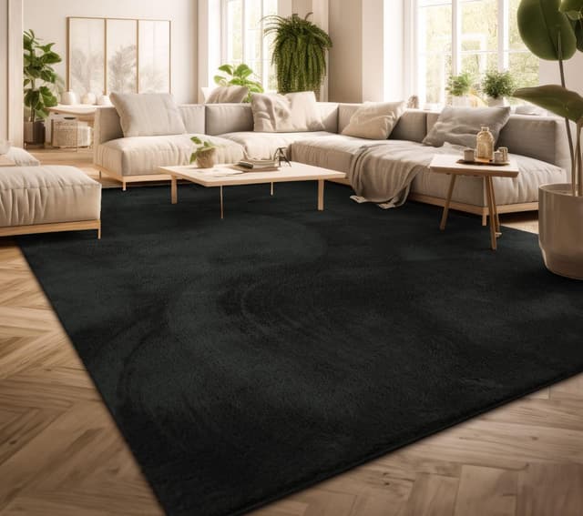 TT Home Wohnzimmer Teppich Kurzflor Anti-Rutsch Rückseite Unifarben Modern Waschbar, Farbe: Schwarz, Größe:160x220 cm 160x220 cm Schwarz