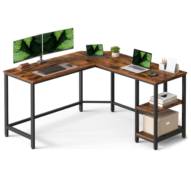 VASAGLE Schreibtisch, L-förmiger Computertisch, 138 x 138 x 76 cm, Eckschreibtisch mit 2 Ablagen, platzsparender Bürotisch, Gaming, Homeoffice, einfacher Aufbau, vintagebraun-schwarz LWD72X 138 x 138 cm Vintagebraun + Schwarz
