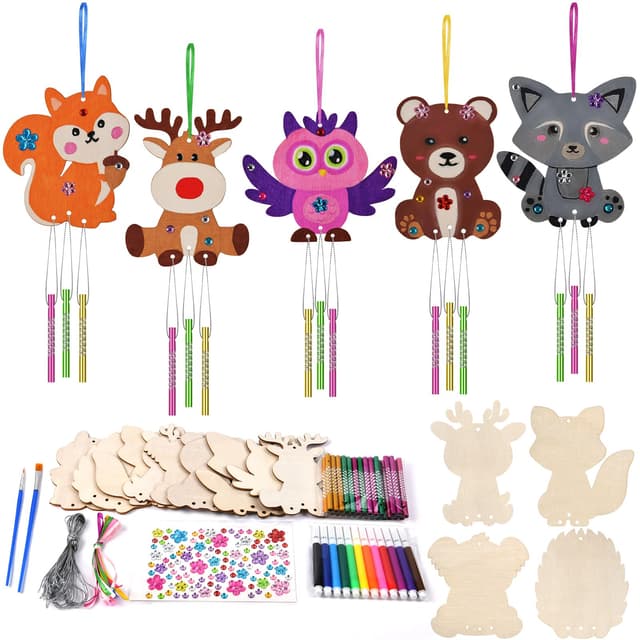 Ainiv 9 Stück Herbst Windspiel Bastelset Tier Basteln Kinder Holz Bastelhandwerk zum Bemalen mit Igel Eule Fuchs Eichhörnchen Klangspiel Kreativsets für Mädchen Junge Eichhörnchen-Windspiel