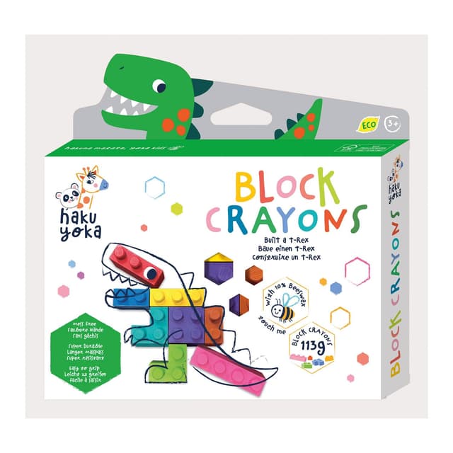 Haku Yoka 6303089 Block Wachsmalkreiden-Set, T-Rex, Wachsmalsteine in kräftigen Farben, Wachmalstifte in Klemmbaustein-Form, ohne Abfärben, für Kinder ab 3 Jahren