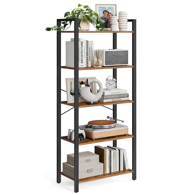 VASAGLE Regal, Bücherregal, Standregal, DVD-Regal, mit 5 Ebenen, Büroregal, offene Ablagen, für Büro, Wohnzimmer, Schlafzimmer, Küche, 30 x 66 x 153 cm, vintagebraun-tintenschwarz LLS061B01 5 Ebenen (66B x 153H cm) Vintagebraun + Tintenschwarz